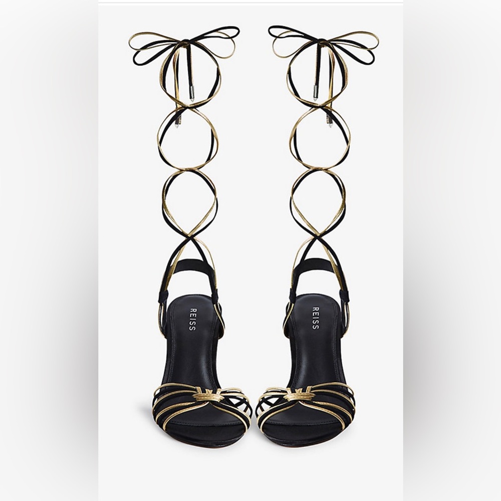 REISS (NWOT)
CASSIDY SANDAL
SIZE EU 38 / US FIT (7.5) 
GOLD / BLACK - Picture 12 of 16